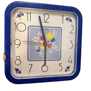 Vintage Floral Elgin Wall Clock Blue White Square - Works Granny Core Kitchen